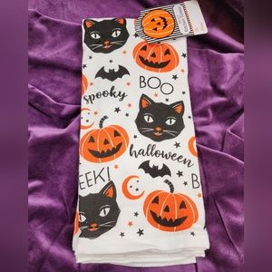 Cat, Bat, Pumpkin, and Crescent Moon Retro Kitchen Towel Halloween Kitchen Towel